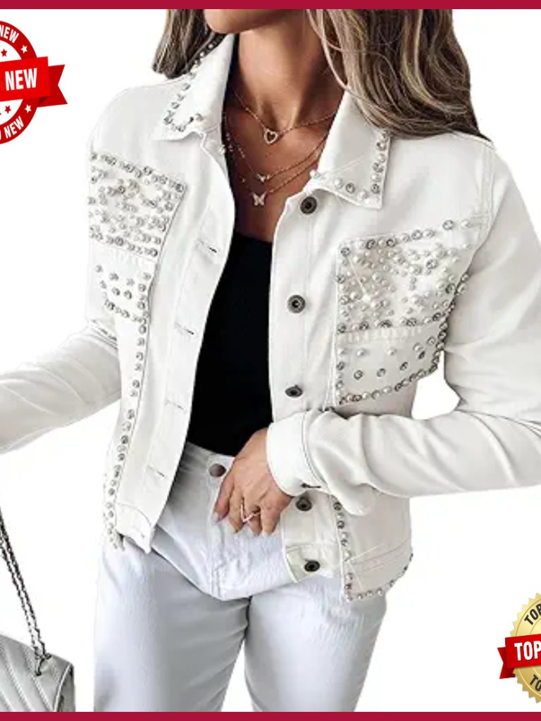 Pearl Embellished Denim Jacket Cropped Rhinestone Blazer Coat